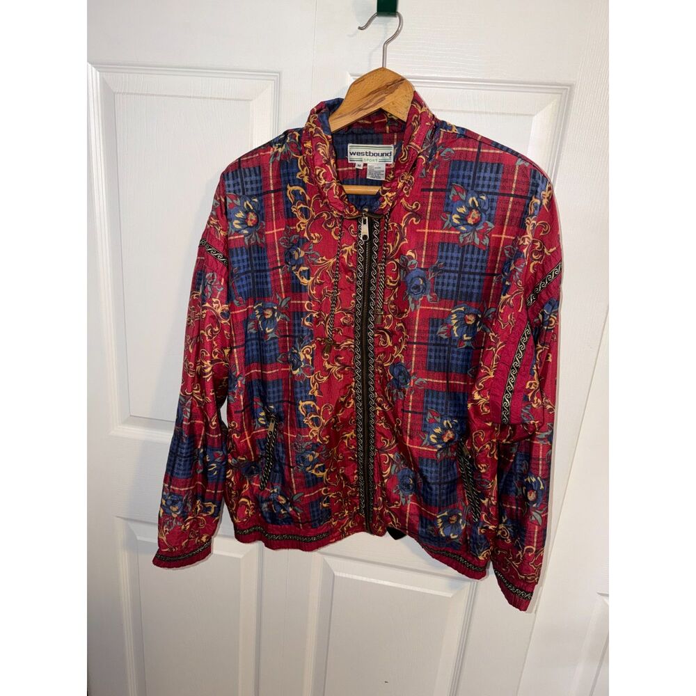 Westbound Sport Women's Vintage Windbreaker Jacket Medium Red Blue Floral Plaid
